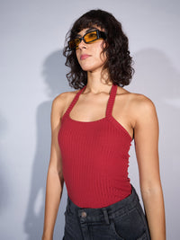 Thumbnail for Lyush Women Rust Rib Halter Neck Top