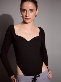Thumbnail for Lyush Women Black Rib Sweetheart Neck Bodysuit