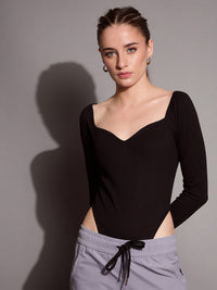 Thumbnail for Lyush Women Black Rib Sweetheart Neck Bodysuit