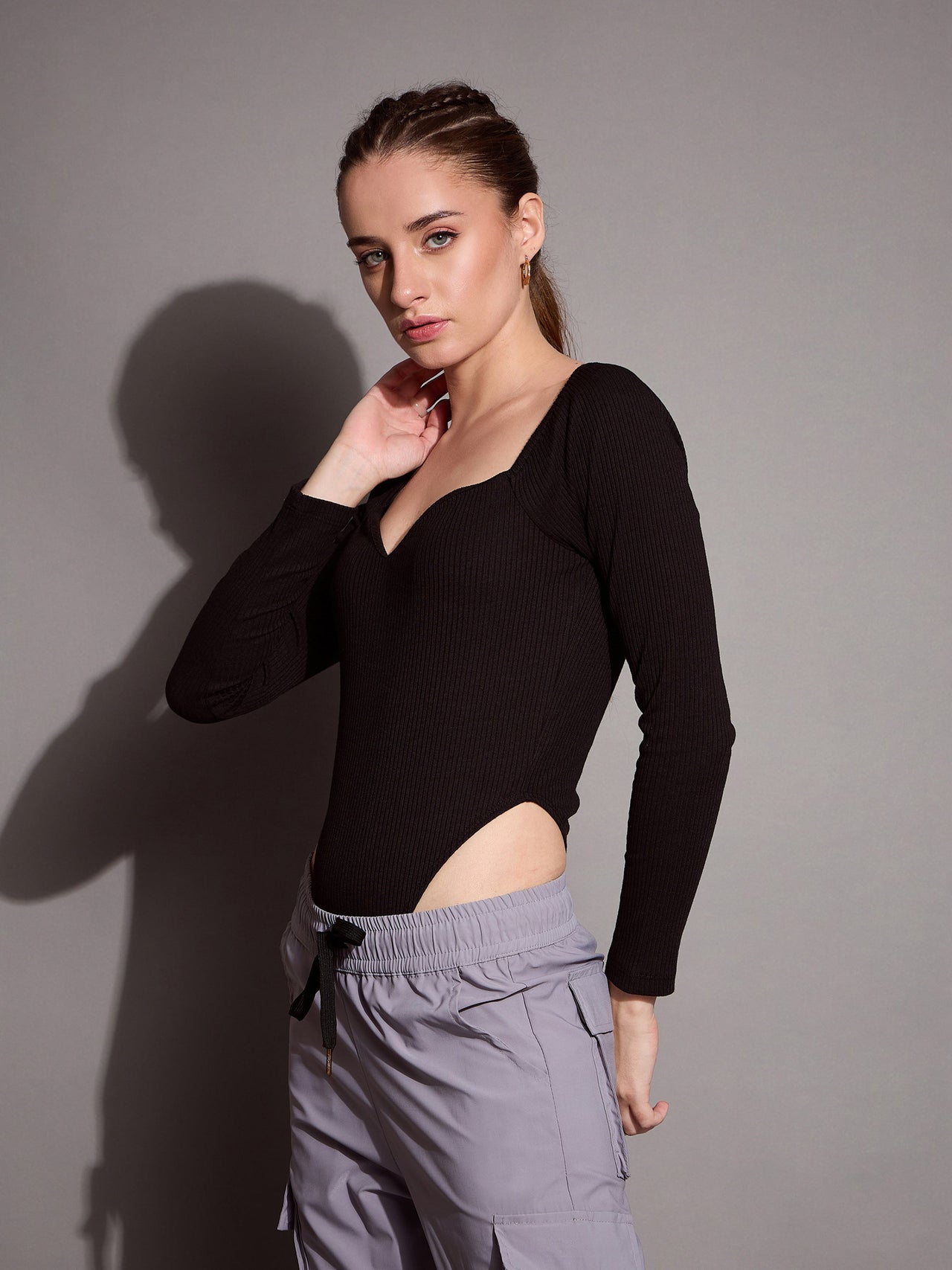 Lyush Women Black Rib Sweetheart Neck Bodysuit
