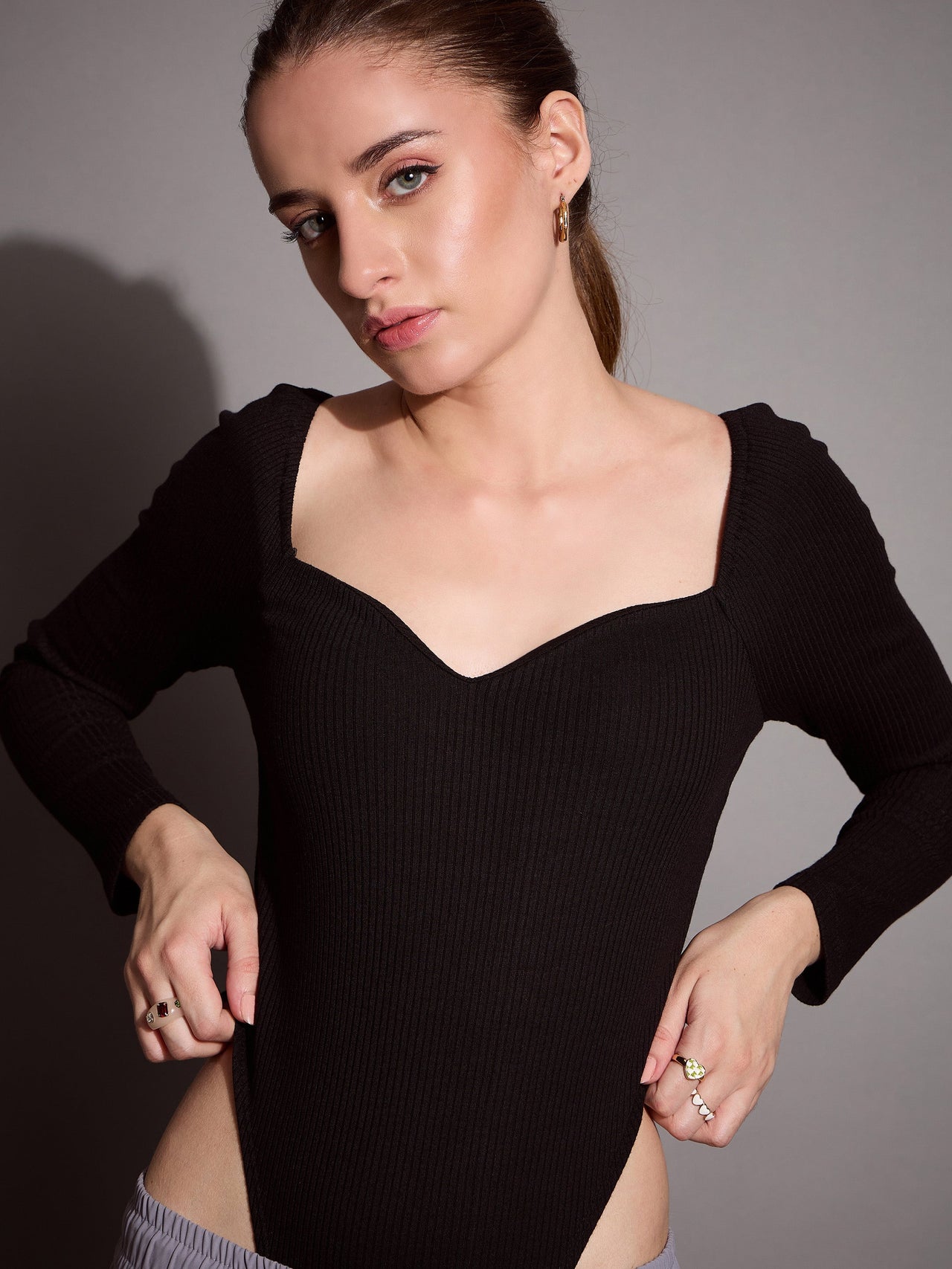 Lyush Women Black Rib Sweetheart Neck Bodysuit
