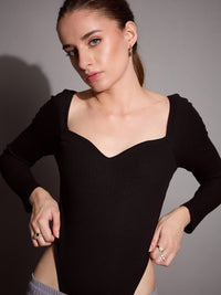Thumbnail for Lyush Women Black Rib Sweetheart Neck Bodysuit