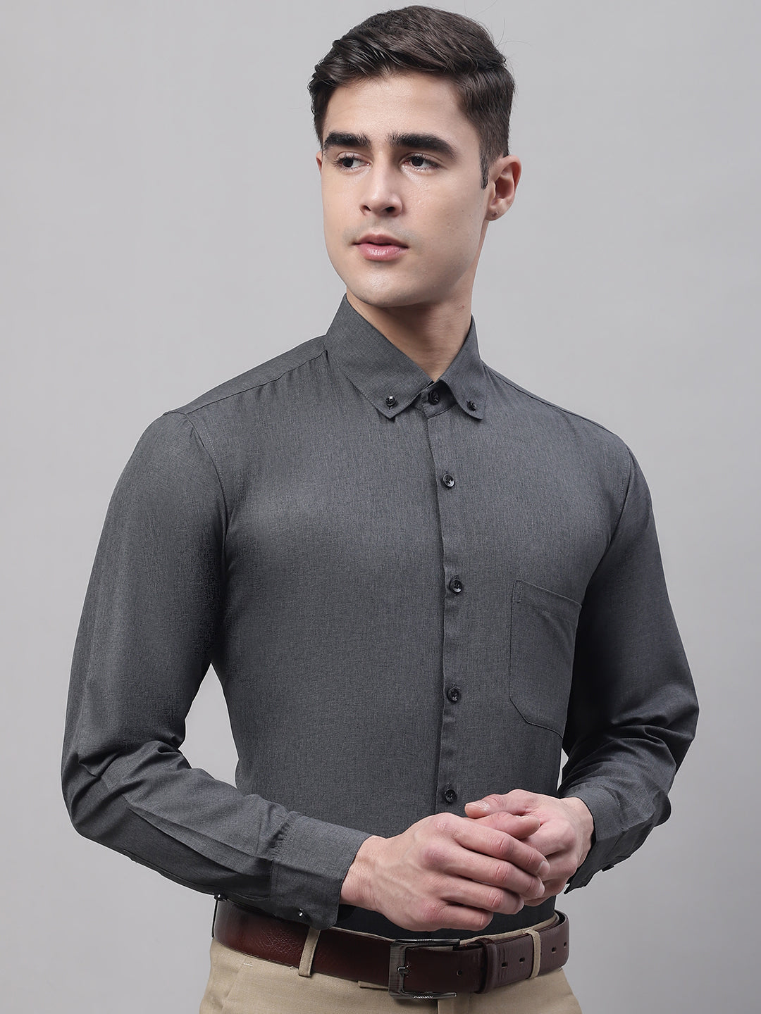 Jainish Men's Charcoal Cotton Solid Formal Shirt - Distacart