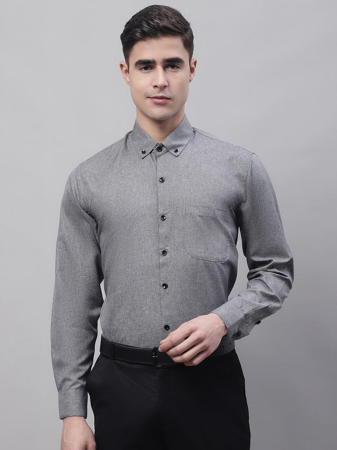 Jainish Men's Dark-Grey Cotton Solid Formal Shirt - Distacart