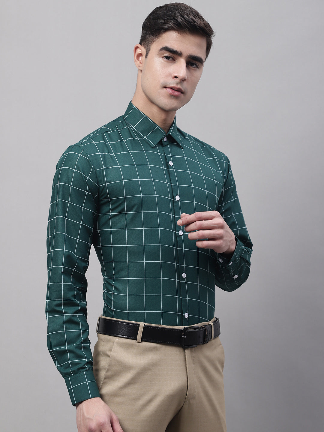 Jainish Men's Green Cotton Checked Formal Shirt - Distacart