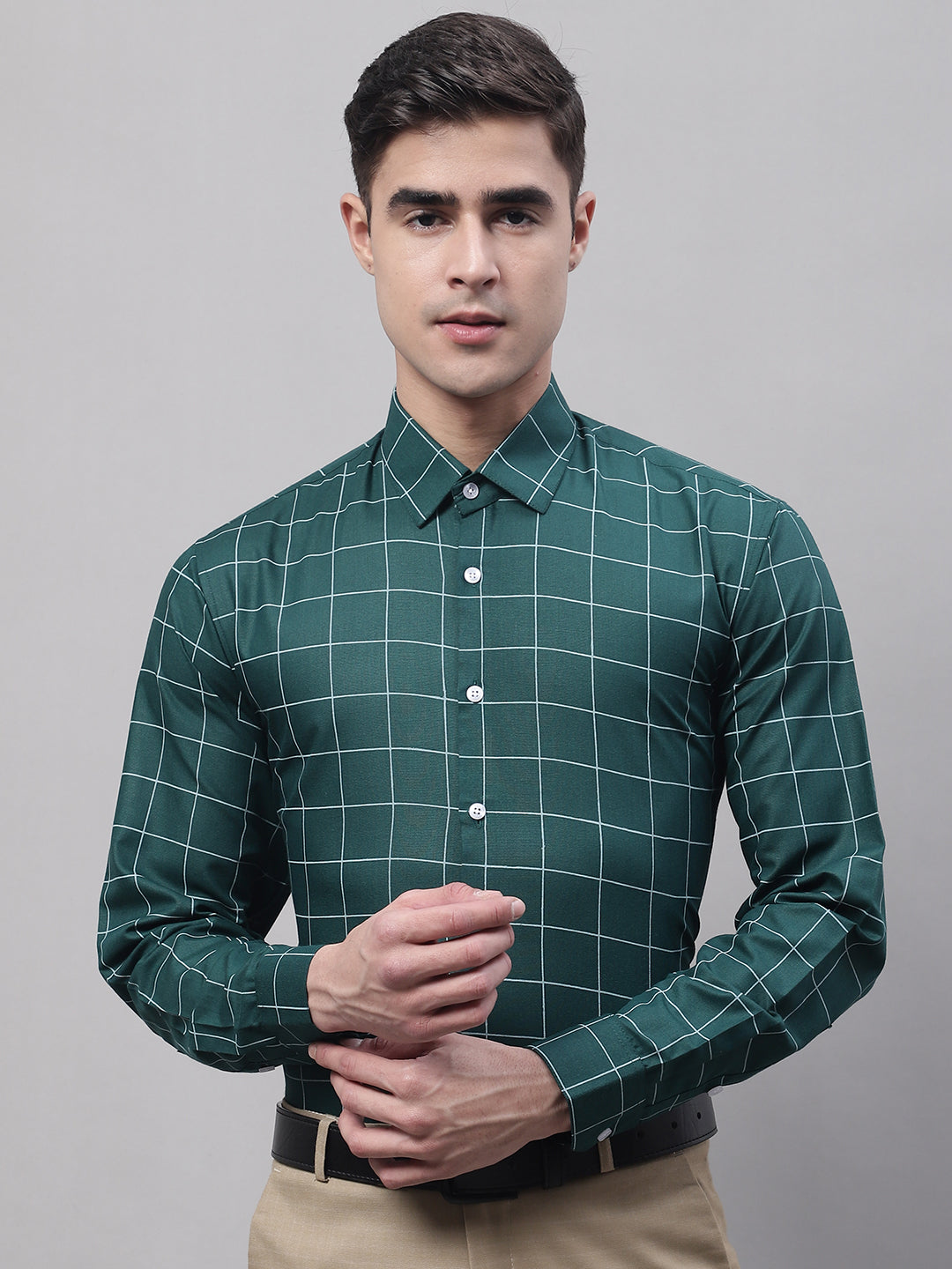 Jainish Men's Green Cotton Checked Formal Shirt - Distacart