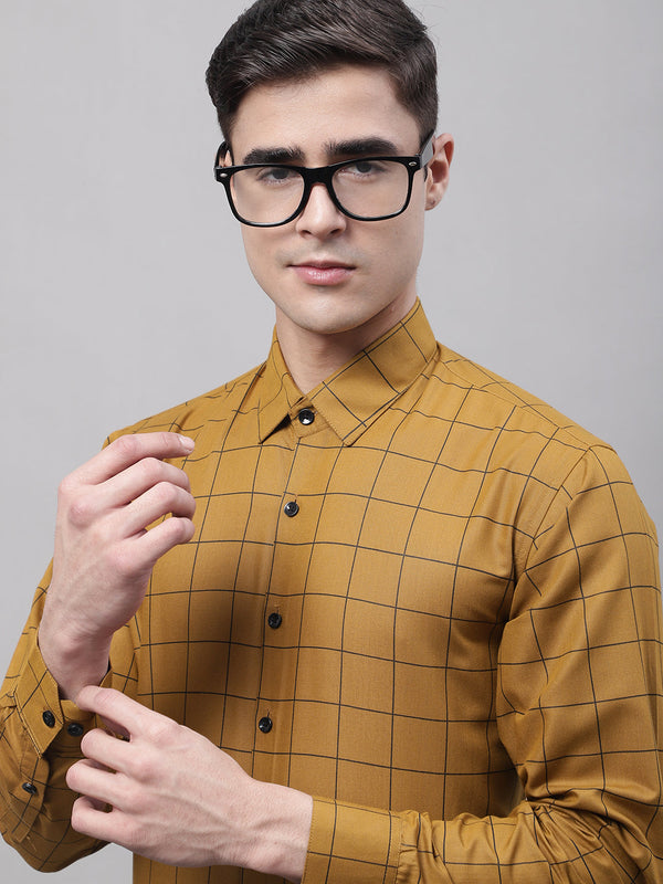 Jainish Men's Mustard Cotton Checked Formal Shirt - Distacart