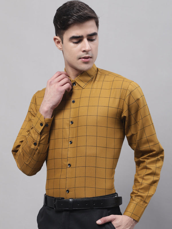 Jainish Men's Mustard Cotton Checked Formal Shirt - Distacart