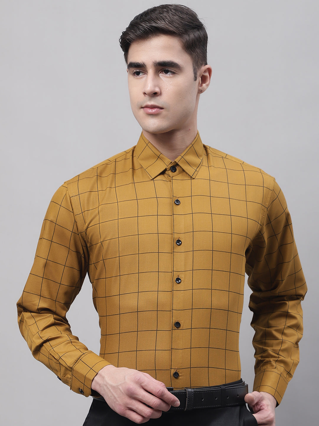 Jainish Men's Mustard Cotton Checked Formal Shirt - Distacart