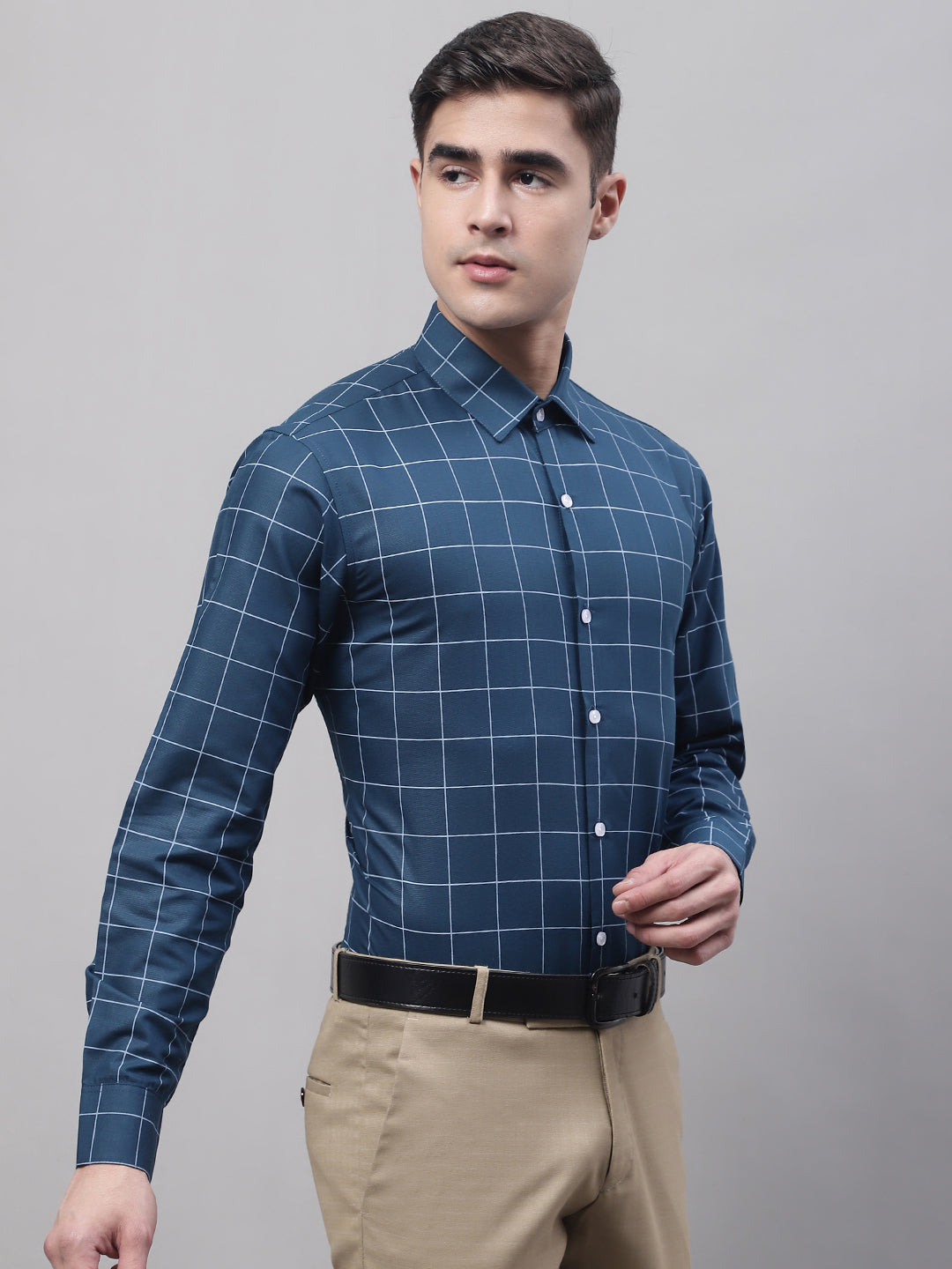 Jainish Men's Teal Blue Cotton Checked Formal Shirt - Distacart