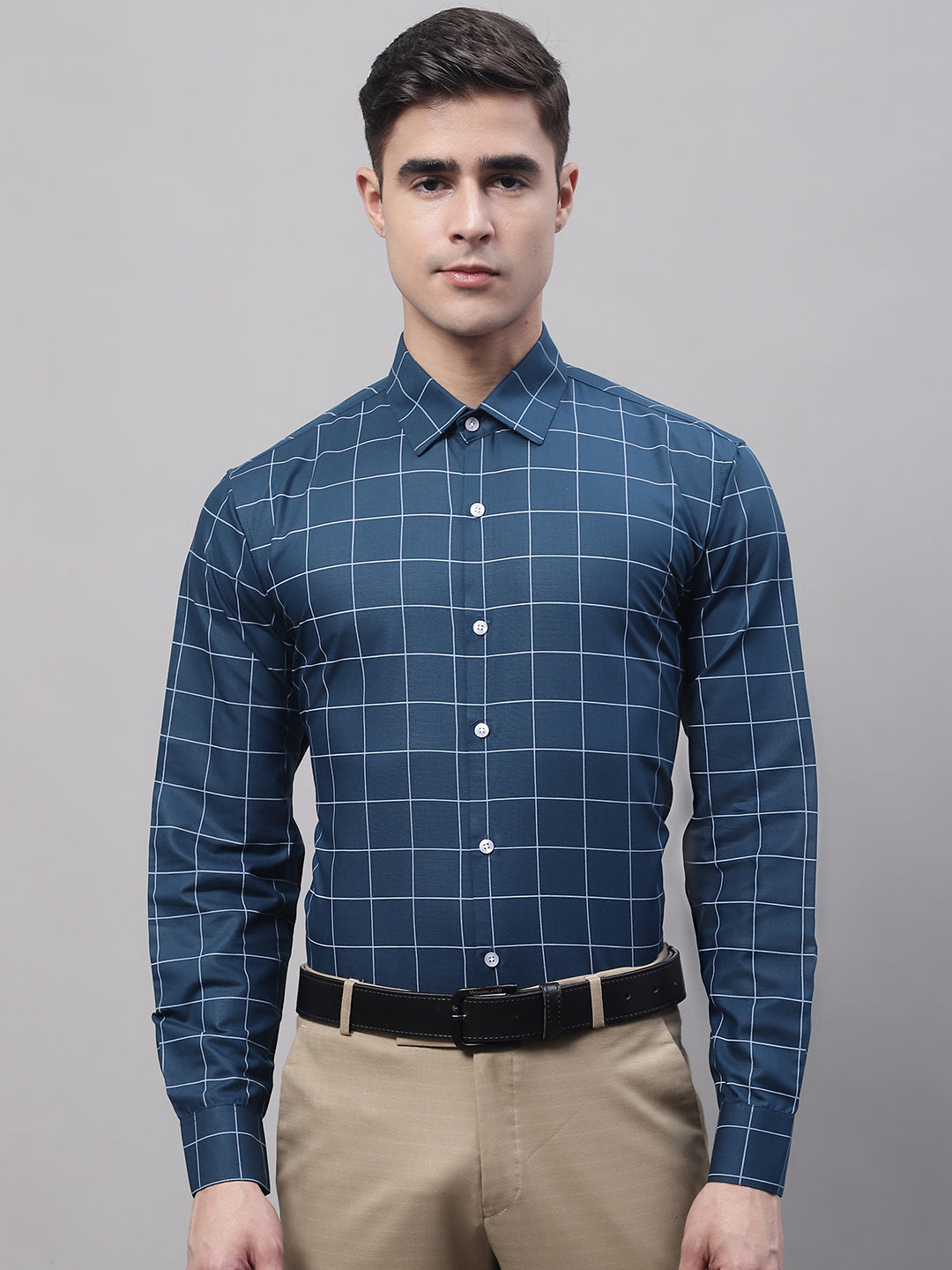 Jainish Men's Teal Blue Cotton Checked Formal Shirt - Distacart