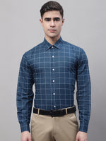 Thumbnail for Jainish Men's Teal Blue Cotton Checked Formal Shirt - Distacart
