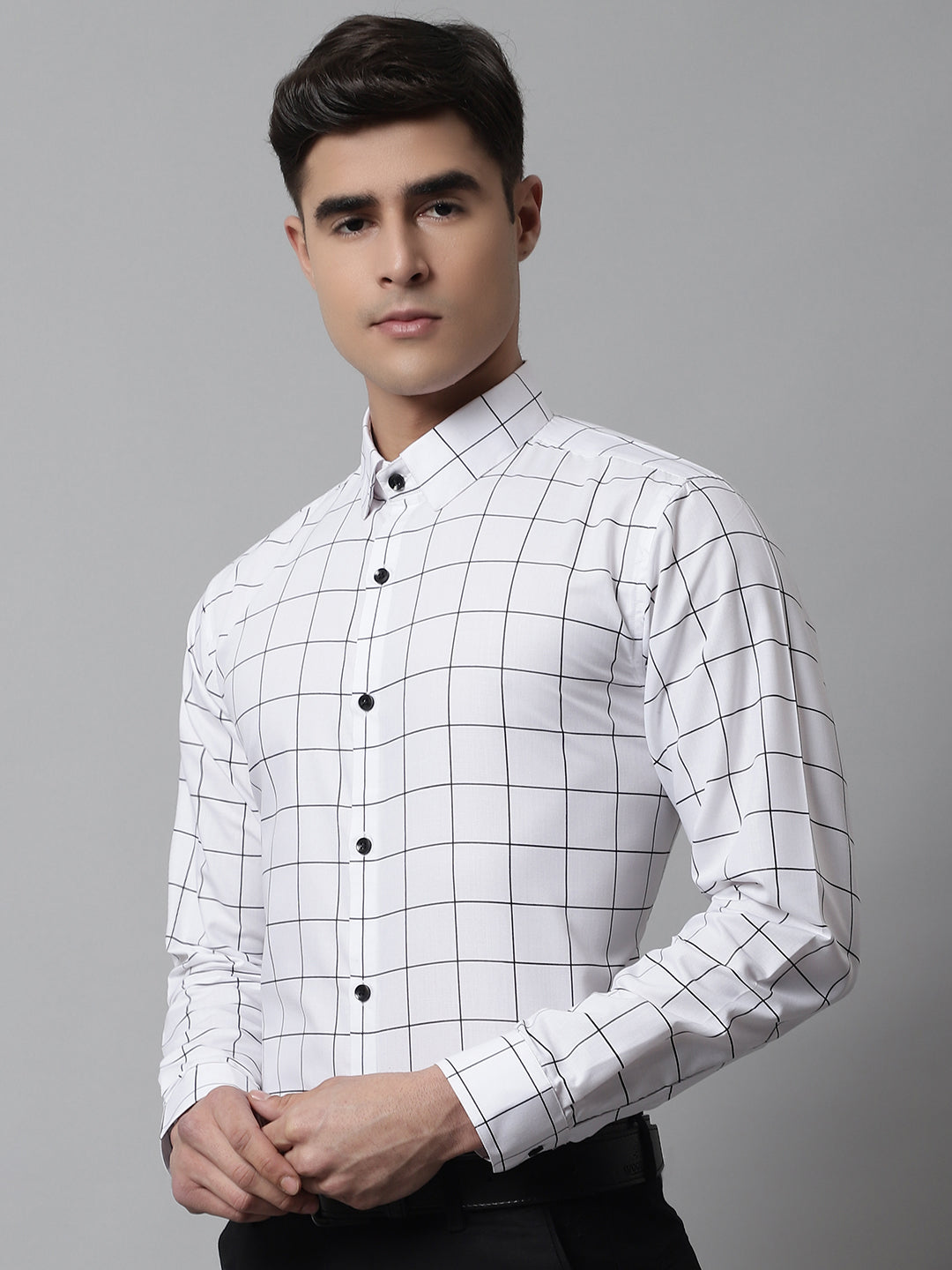 Jainish Men's Cotton Checked Formal Shirts - White - Distacart