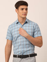 Thumbnail for Jainish Men's Cotton Checked Half Sleeves Formal Shirts - Sky Blue - Distacart