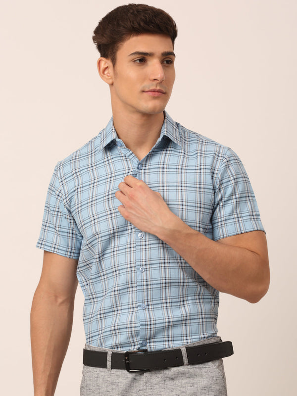 Jainish Men's Cotton Checked Half Sleeves Formal Shirts - Sky Blue - Distacart