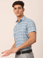 Thumbnail for Jainish Men's Cotton Checked Half Sleeves Formal Shirts - Sky Blue - Distacart