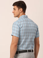 Thumbnail for Jainish Men's Cotton Checked Half Sleeves Formal Shirts - Sky Blue - Distacart