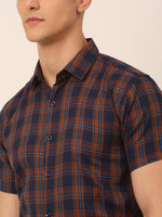 Thumbnail for Jainish Men's Cotton Checked Half Sleeves Formal Shirts - Orange-Blue - Distacart