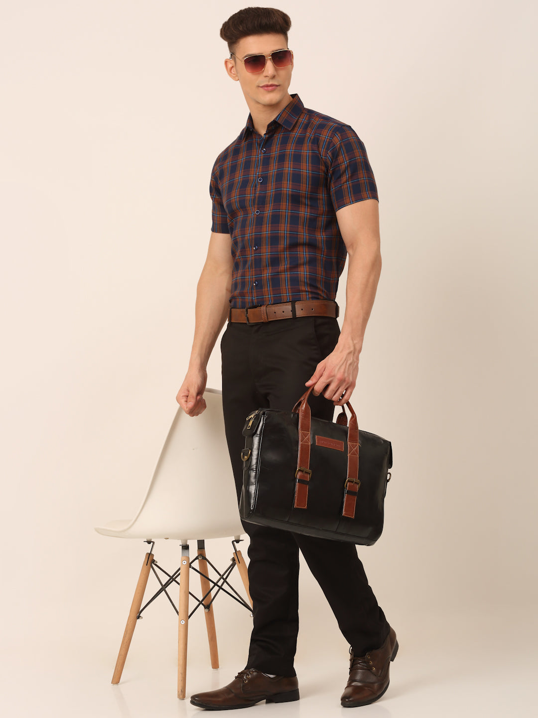 Jainish Men's Cotton Checked Half Sleeves Formal Shirts - Orange-Blue - Distacart