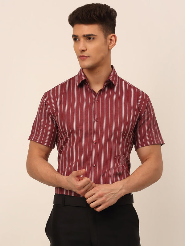 Jainish Men's Cotton Striped Formal Shirts - Maroon - Distacart