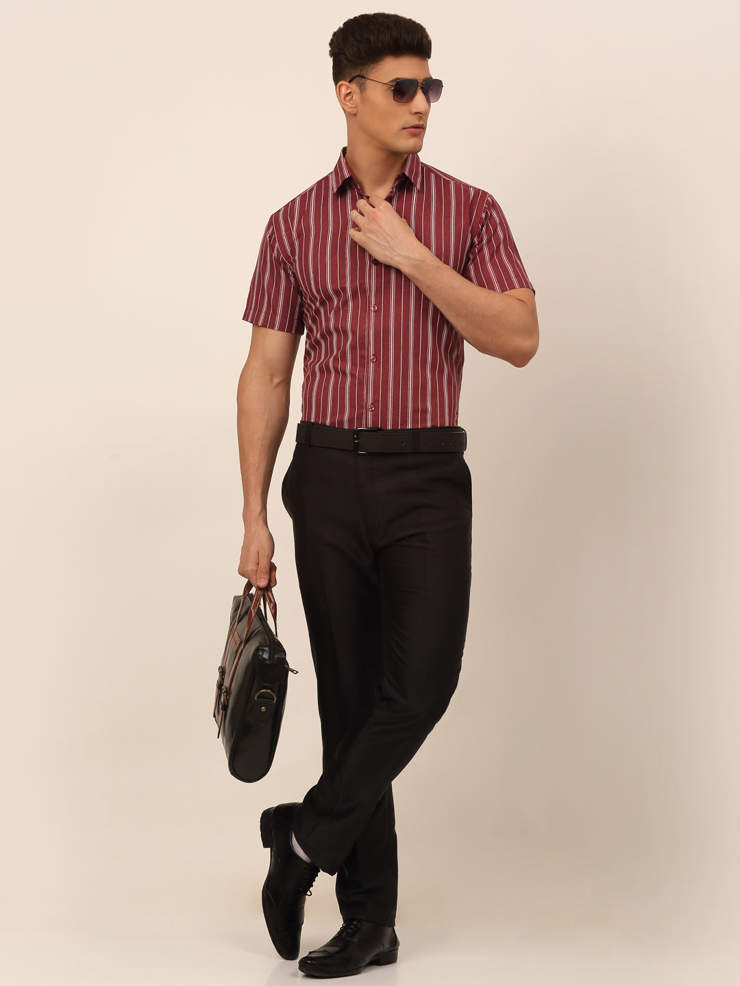 Jainish Men's Cotton Striped Formal Shirts - Maroon - Distacart