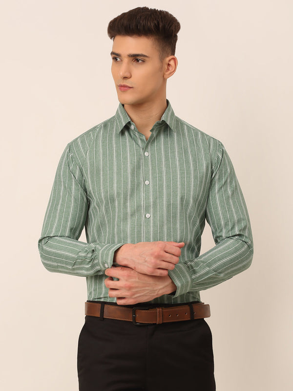 Jainish Men's Green & White Classic Striped Formal Shirt - Distacart