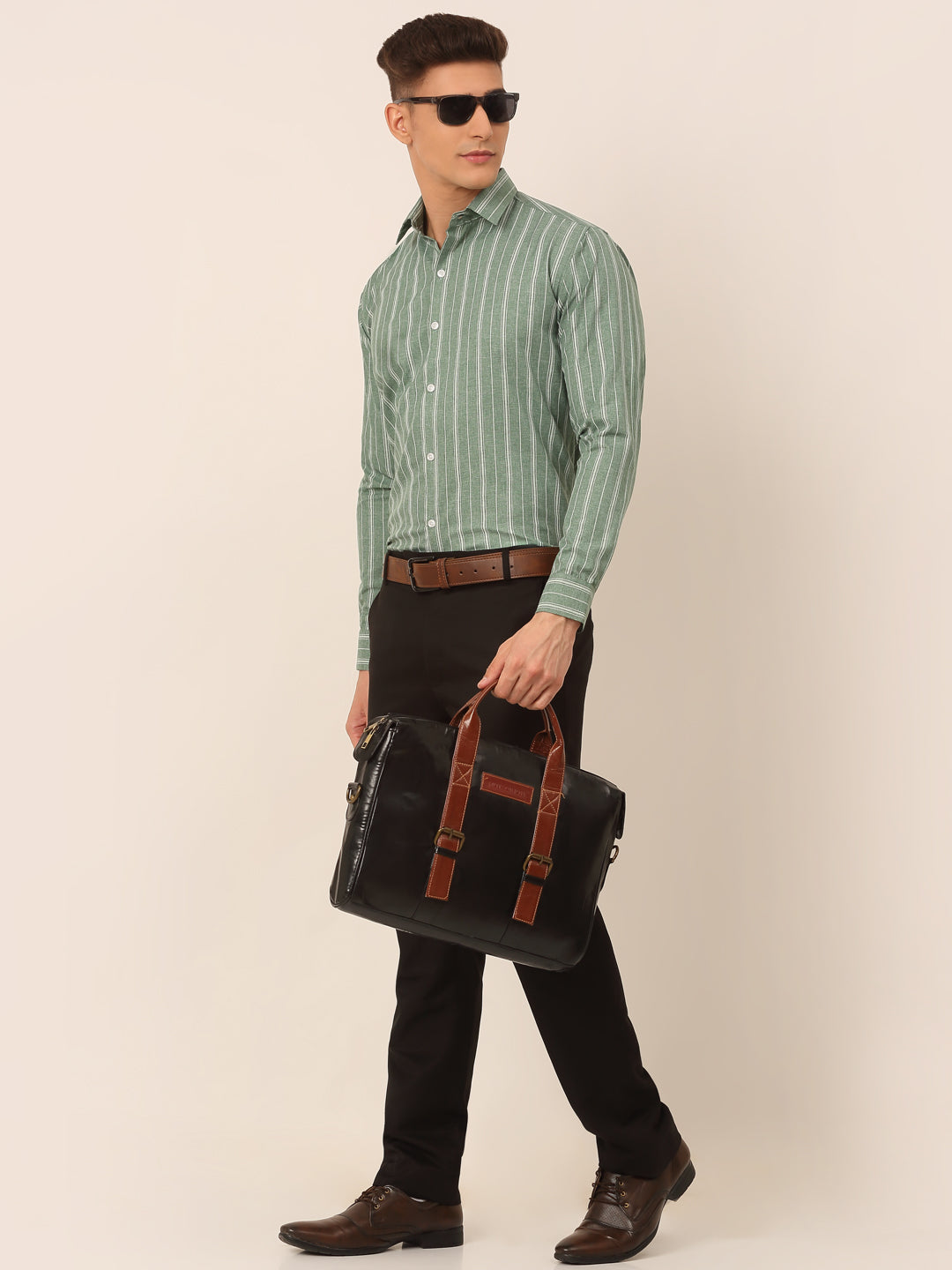 Jainish Men's Green & White Classic Striped Formal Shirt - Distacart