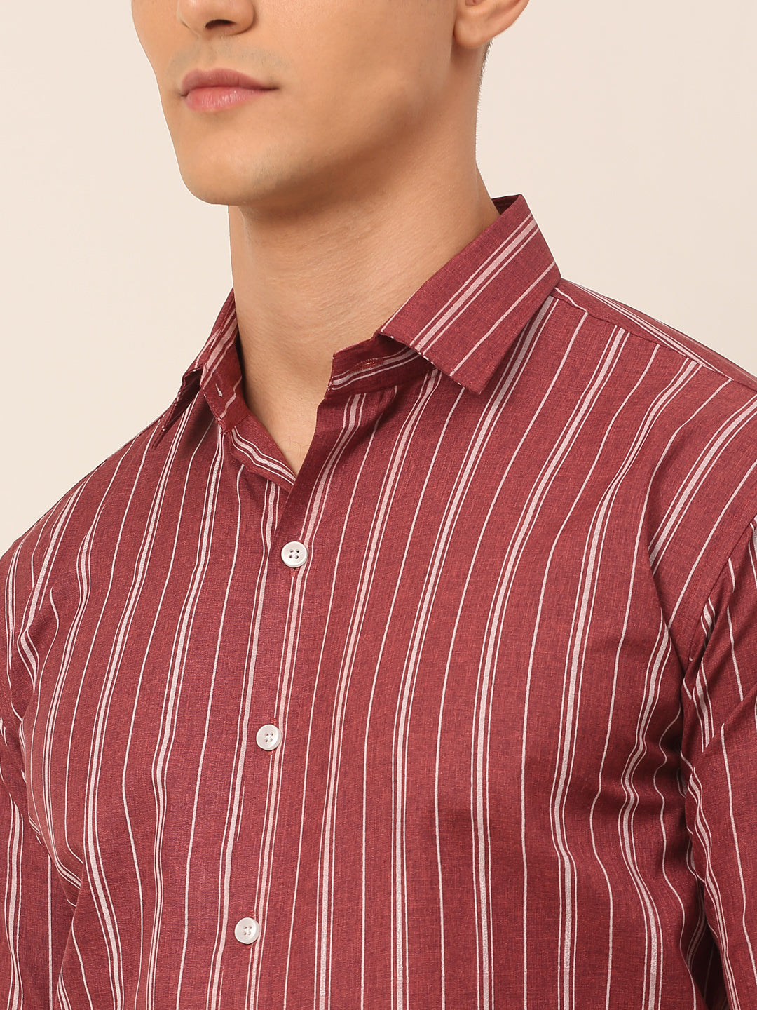 Jainish Men's Maroon & White Classic Striped Formal Shirt - Distacart