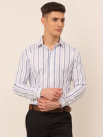 Thumbnail for Jainish Men's White & Blue Classic Striped Formal Shirt - Distacart