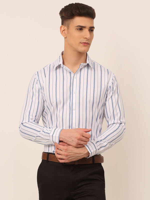 Jainish Men's White & Blue Classic Striped Formal Shirt - Distacart