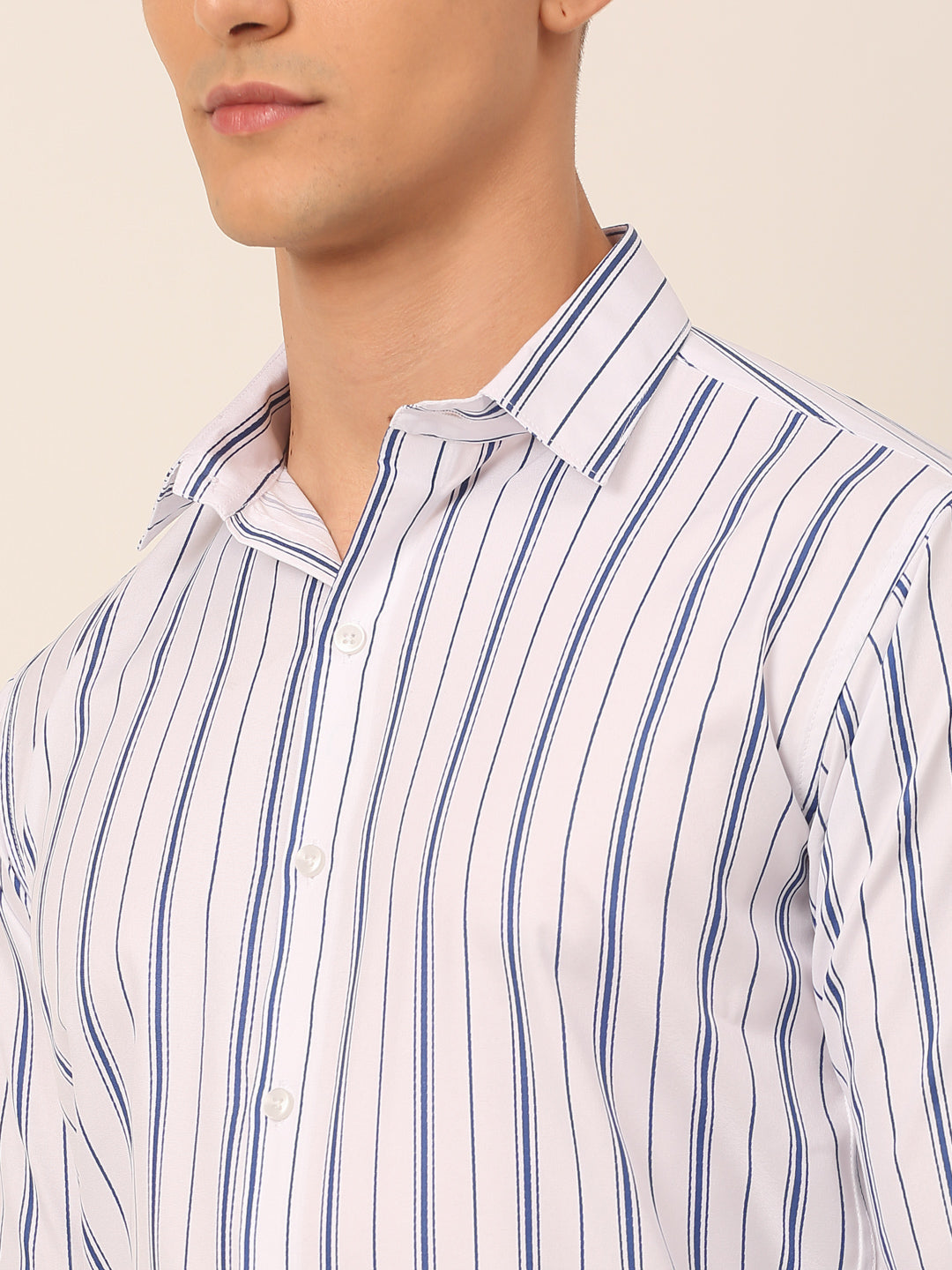 Jainish Men's White & Blue Classic Striped Formal Shirt - Distacart