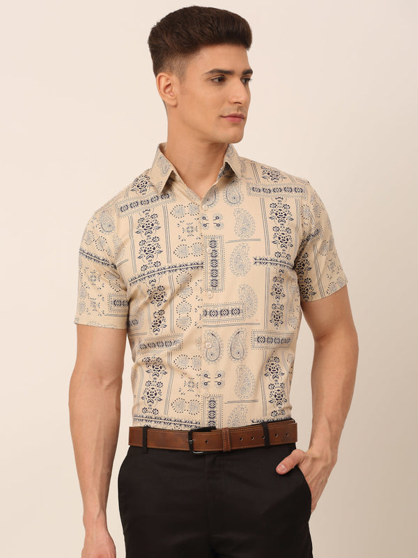Jainish Men's Cotton Printed Formal Shirts - Beige - Distacart