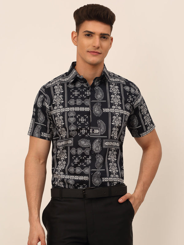 Jainish Men's Cotton Printed Formal Shirts - Navy Blue - Distacart