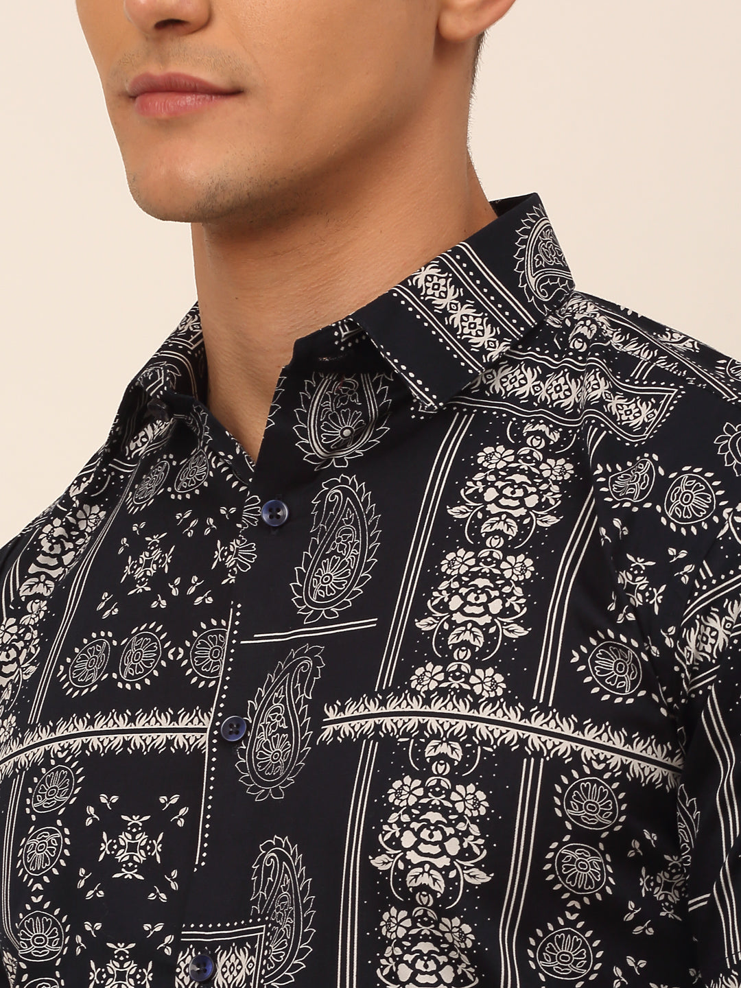 Jainish Men's Cotton Printed Formal Shirts - Navy Blue - Distacart