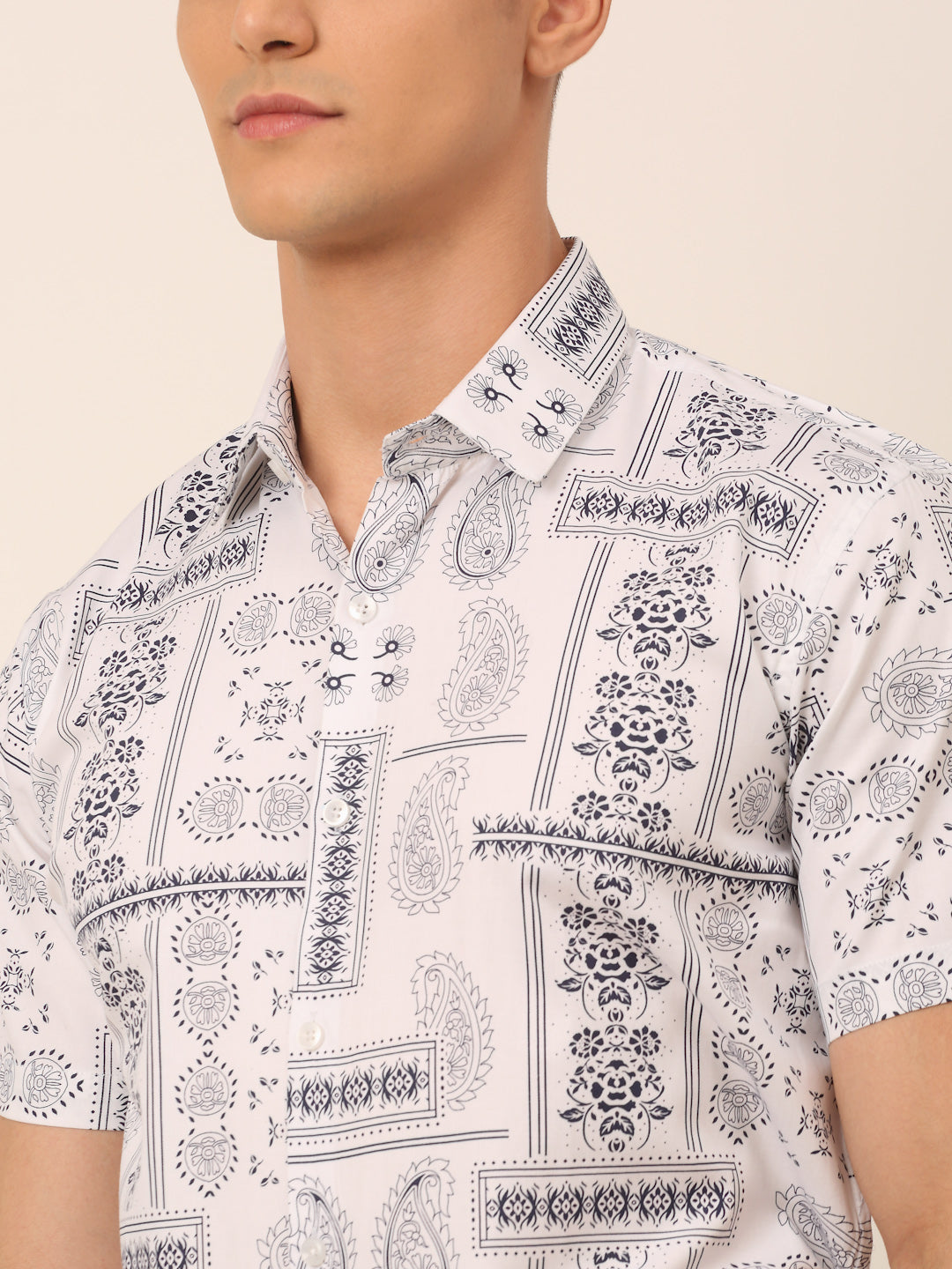 Jainish Men's Cotton Printed Formal Shirts - White - Distacart
