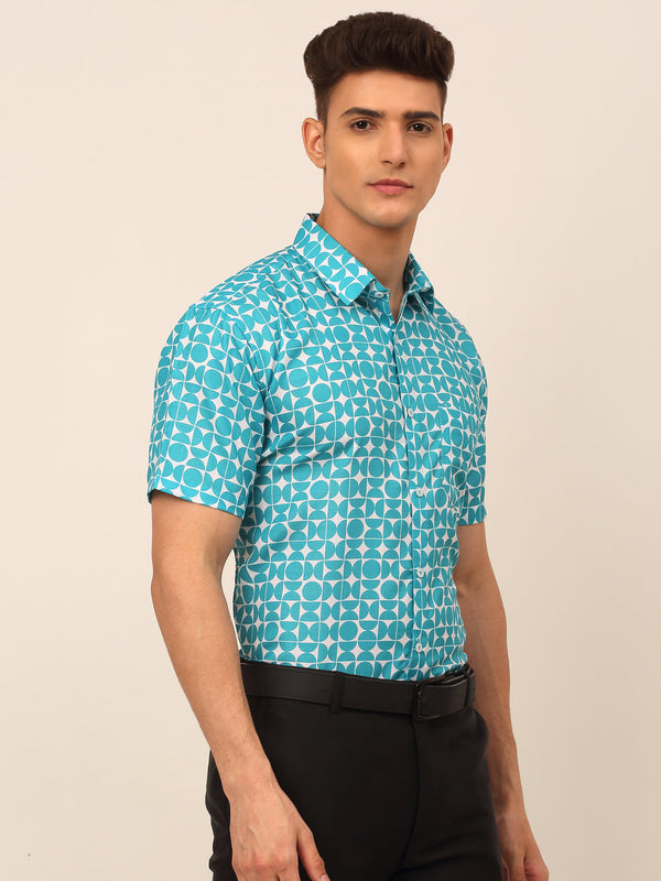 Jainish Men's Cotton Printed Formal Shirts - Aqua - Distacart