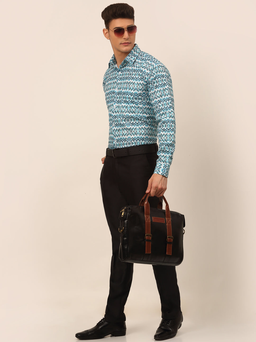 Jainish Men's Cotton Printed Formal Shirts - Sky Blue - Distacart