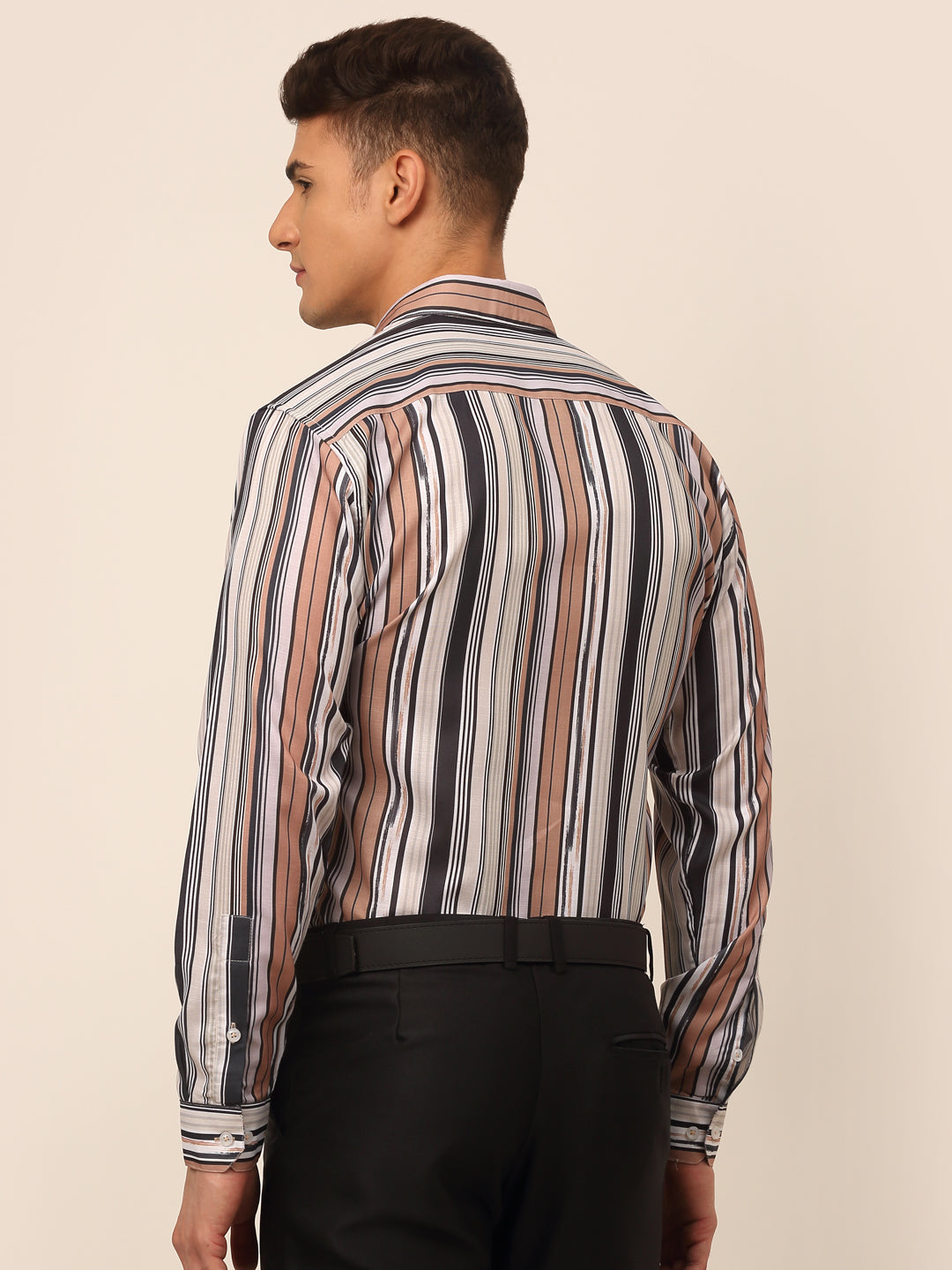 Jainish Men's Cotton Striped Formal Shirts - Brown - Distacart
