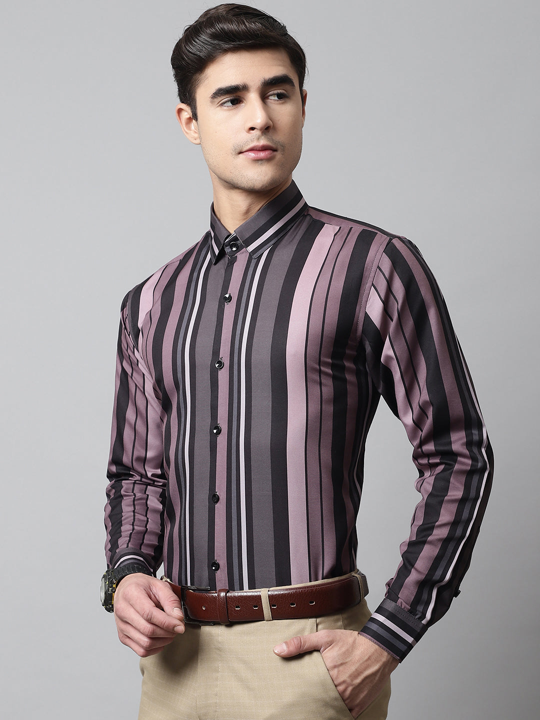 Jainish Men's Wine and Black Classic Striped Formal Shirt - Distacart