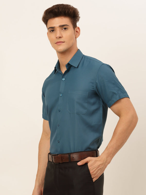 Jainish Men's Cotton Solid Formal Shirt - Teal - Distacart