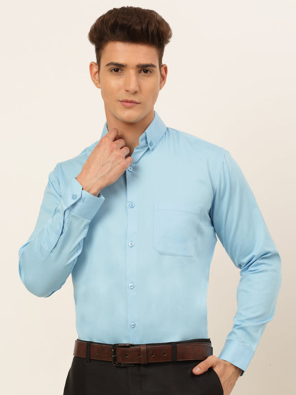 Jainish Men's Cotton Solid Formal Shirt - Sky Blue - Distacart