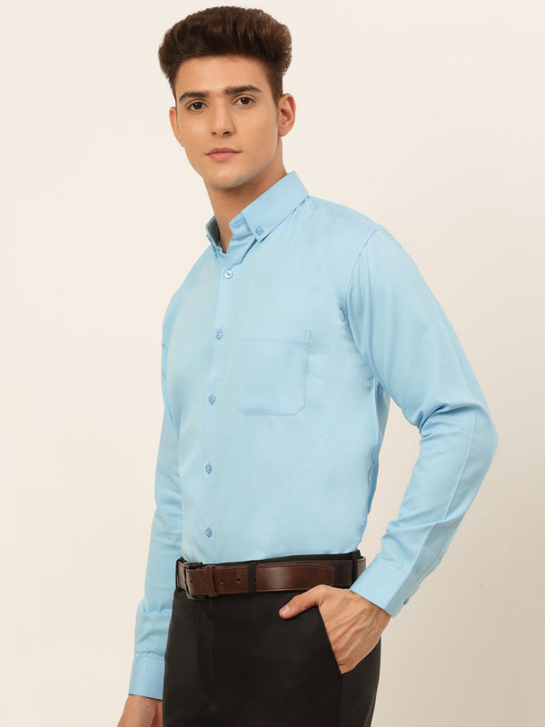 Jainish Men's Cotton Solid Formal Shirt - Sky Blue - Distacart