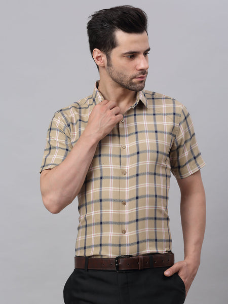 Jainish Men's Beige Half Sleeve Checked Formal Shirt - Distacart