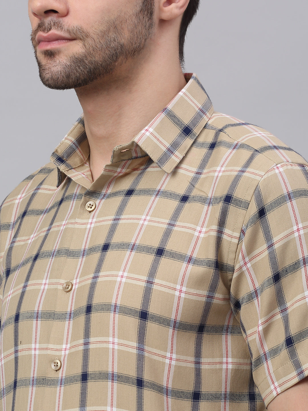 Jainish Men's Beige Half Sleeve Checked Formal Shirt - Distacart