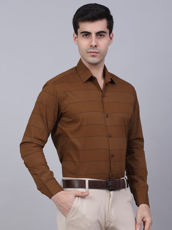 Jainish Men's Brown Horizontal Striped Formal Shirt - Distacart
