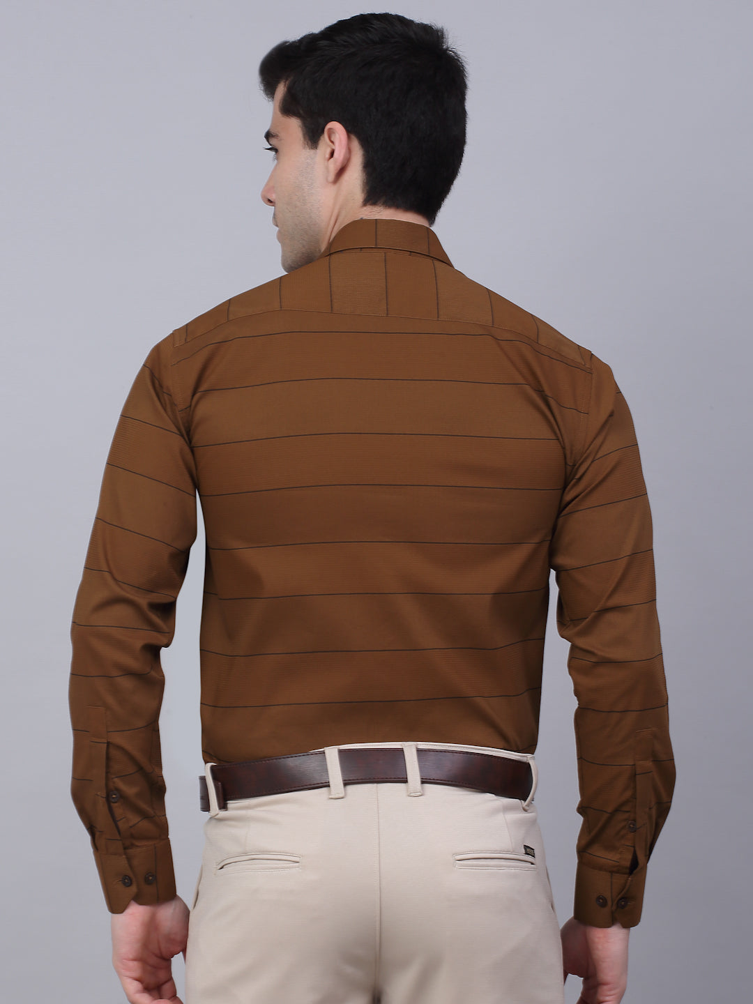 Jainish Men's Brown Horizontal Striped Formal Shirt - Distacart