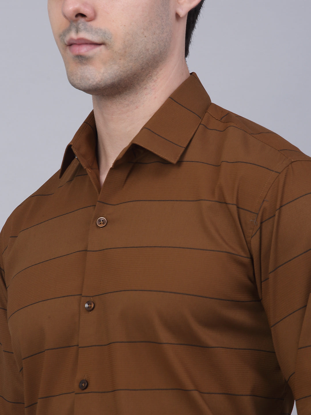 Jainish Men's Brown Horizontal Striped Formal Shirt - Distacart