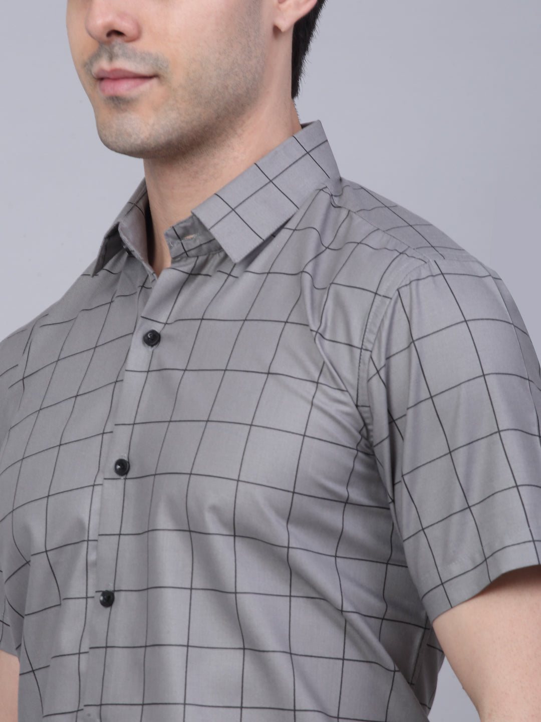 Jainish Men's Cotton Half Sleeve Checked Formal Shirts - Grey - Distacart