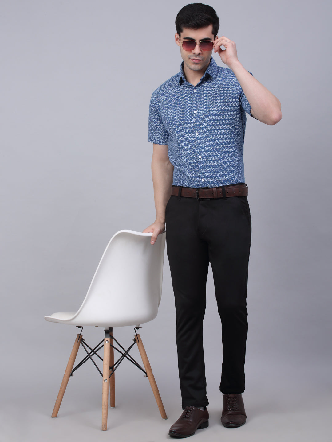 Jainish Men's Cotton Half Sleeve Printed Formal Shirts - Blue - Distacart