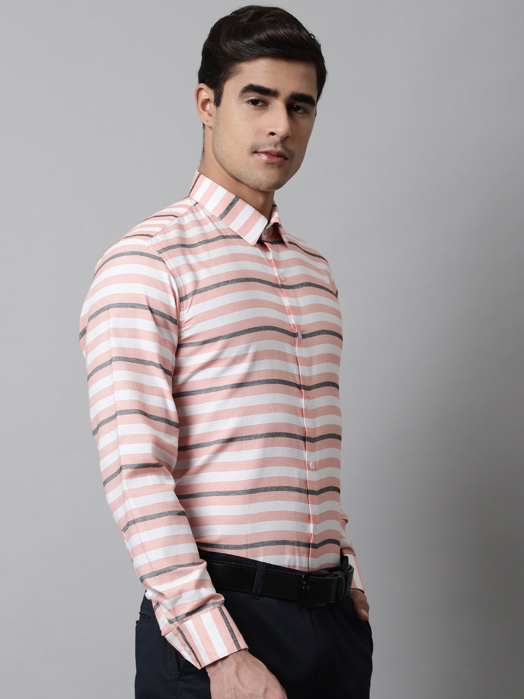 Jainish Men's Peach Classic Horizontal Striped Formal Shirt - Distacart